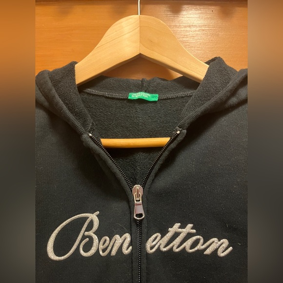 Benetton Black Hoody Sweatshirt Jacket Silver Sparkle Logo XS Italy Kawaii UCB - Picture 3 of 12